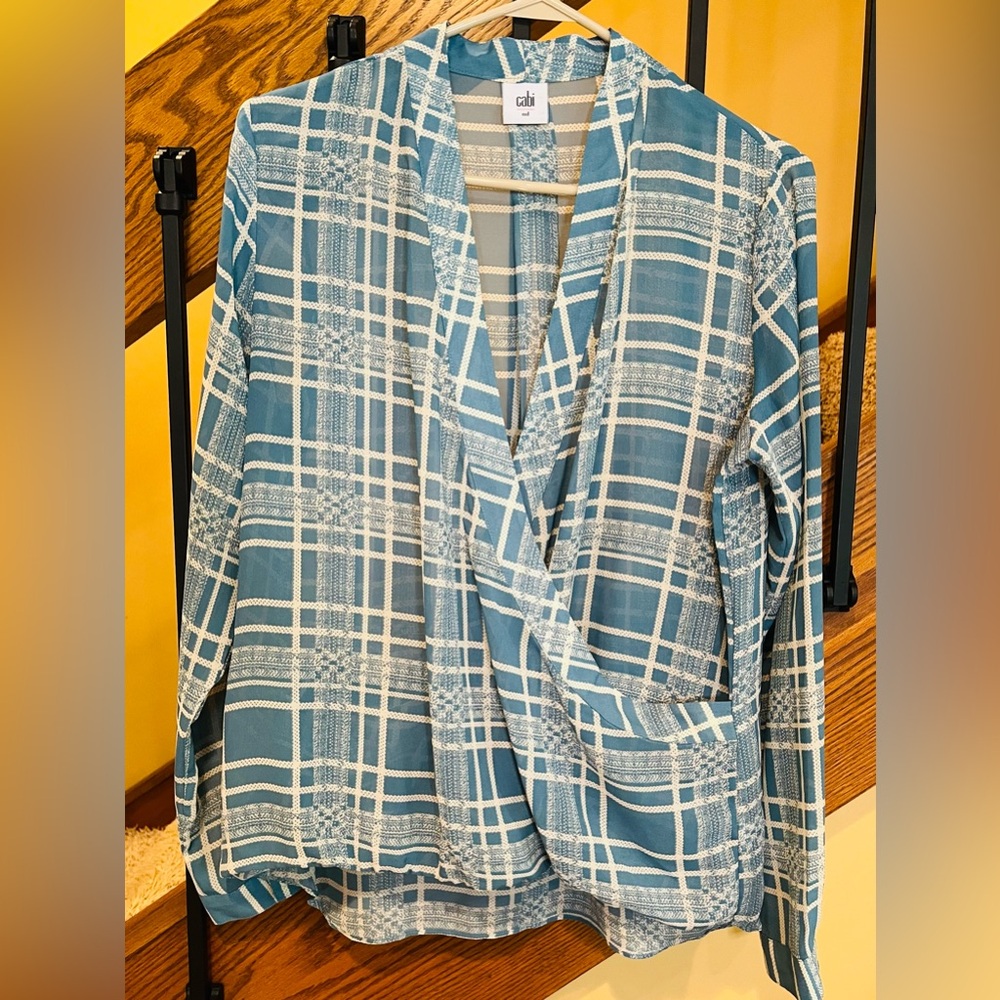 CAbi Blouse Faux Wrap Windowpane Plaid -turquoise Blue And White-sz. Med
